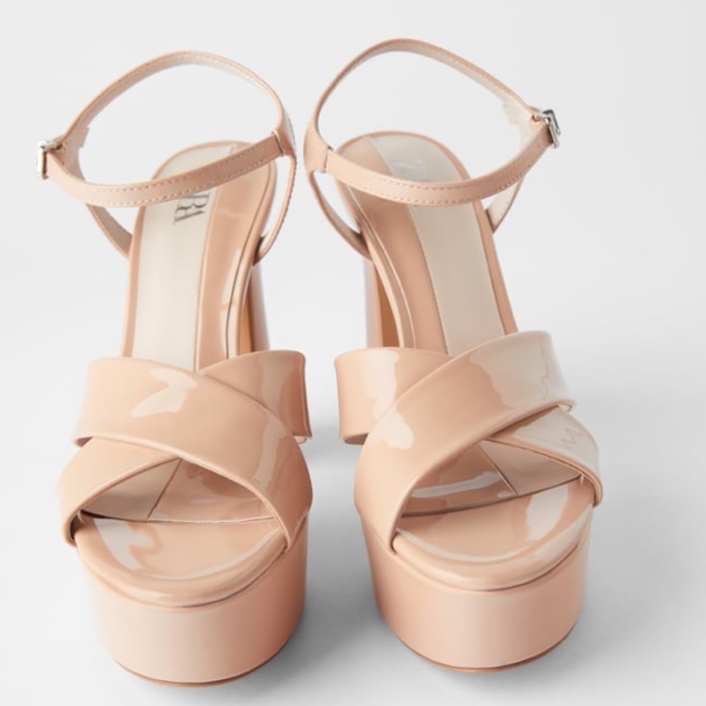 ZARA HIGH HEELED PATENT SANDALS BLOCK HEEL- 8